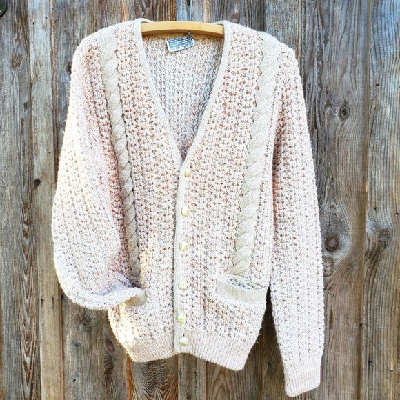 Vintage Sweaters - Vintage Grandpa Cable Knit Button Down Cardigan Front Pockets